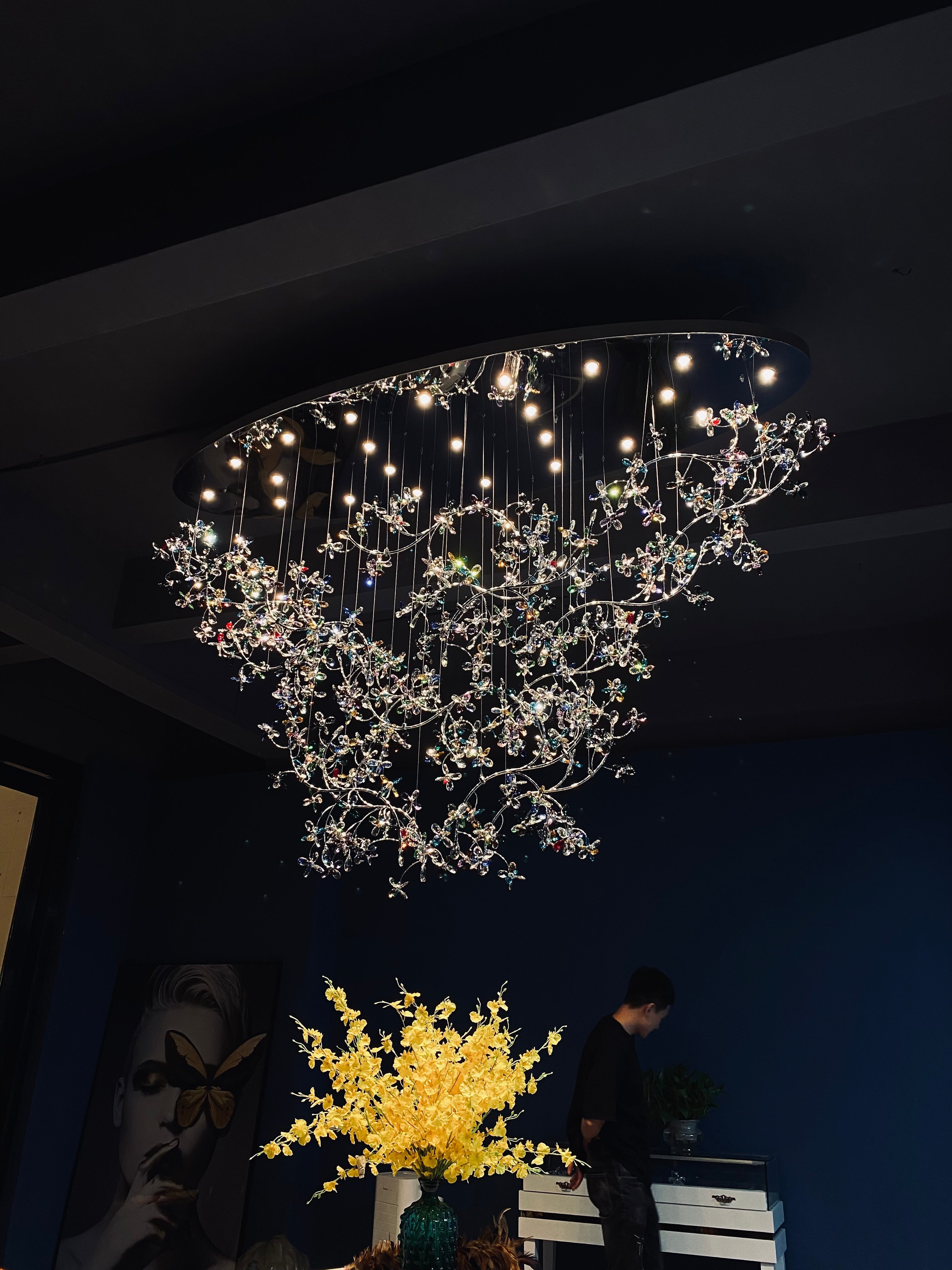 Exquisite Crystal Flower Branch Chandelier for Hotel Foyer and Entryway Ceiling Lighting Fixture - L47.2" * W17.7" * H47.2"/23.3kgChrome Branches+Chrome CanopyWarm LightBlushlighting
