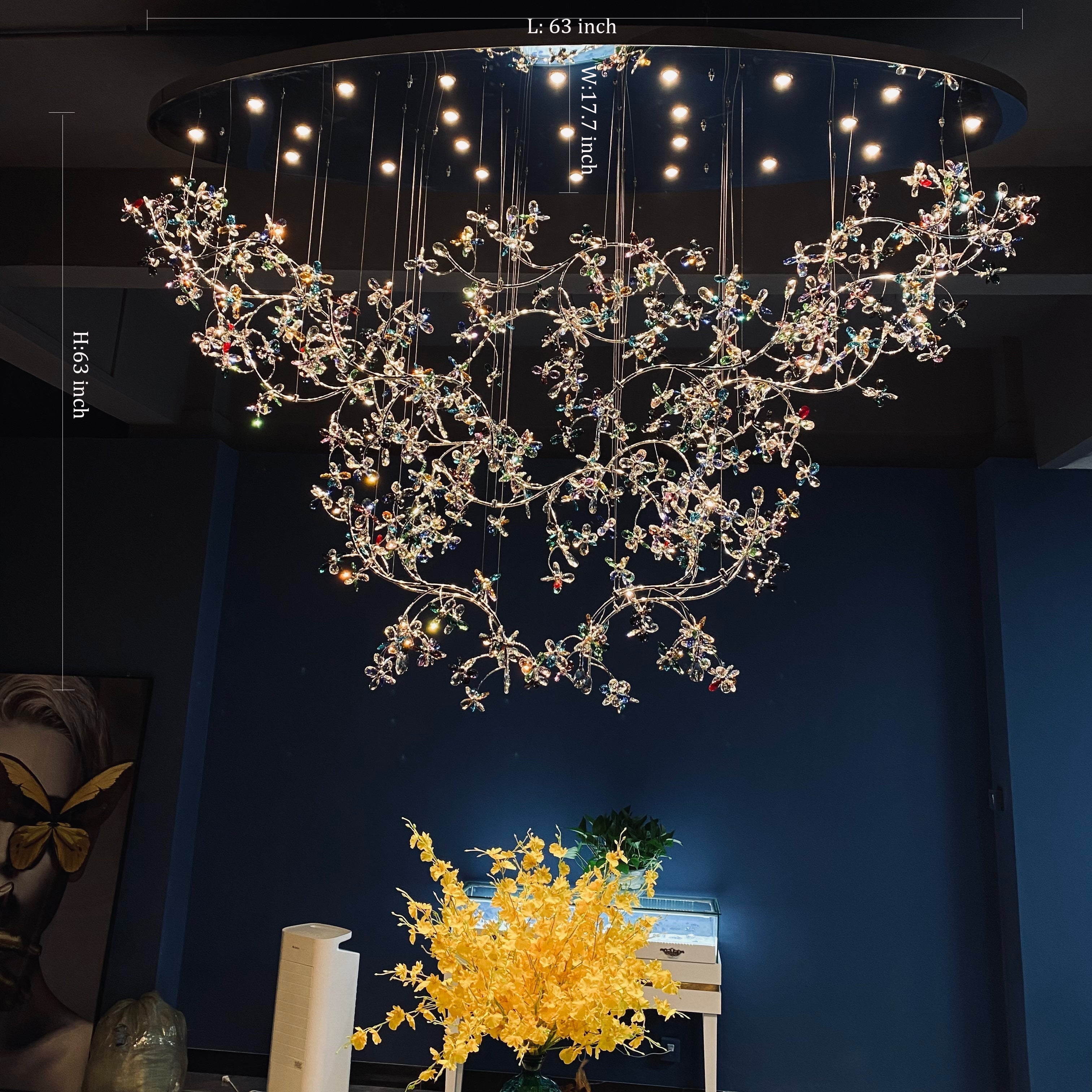 Exquisite Crystal Flower Branch Chandelier for Hotel Foyer and Entryway Ceiling Lighting Fixture - L63" * W17.7" * H63"Chrome Branches+Chrome CanopyWarm LightBlushlighting