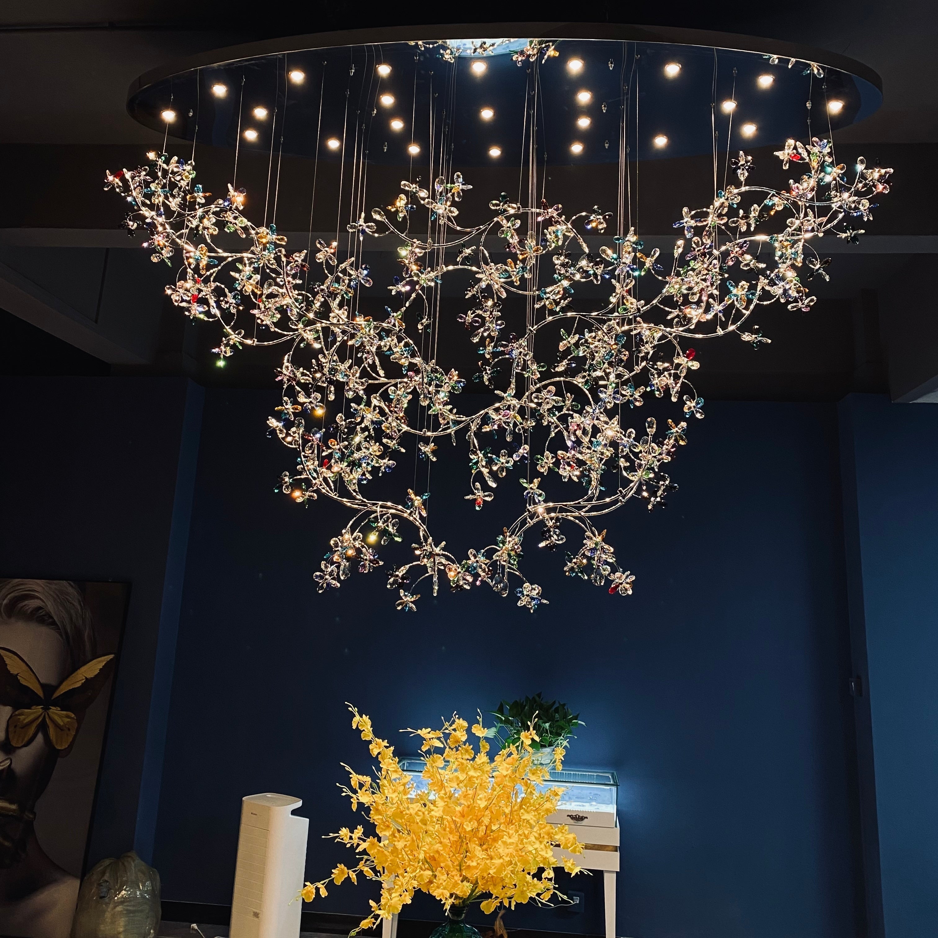 Exquisite Crystal Flower Branch Chandelier for Hotel Foyer and Entryway Ceiling Lighting Fixture - L47.2" * W17.7" * H47.2"/23.3kgChrome Branches+Chrome CanopyWarm LightBlushlighting