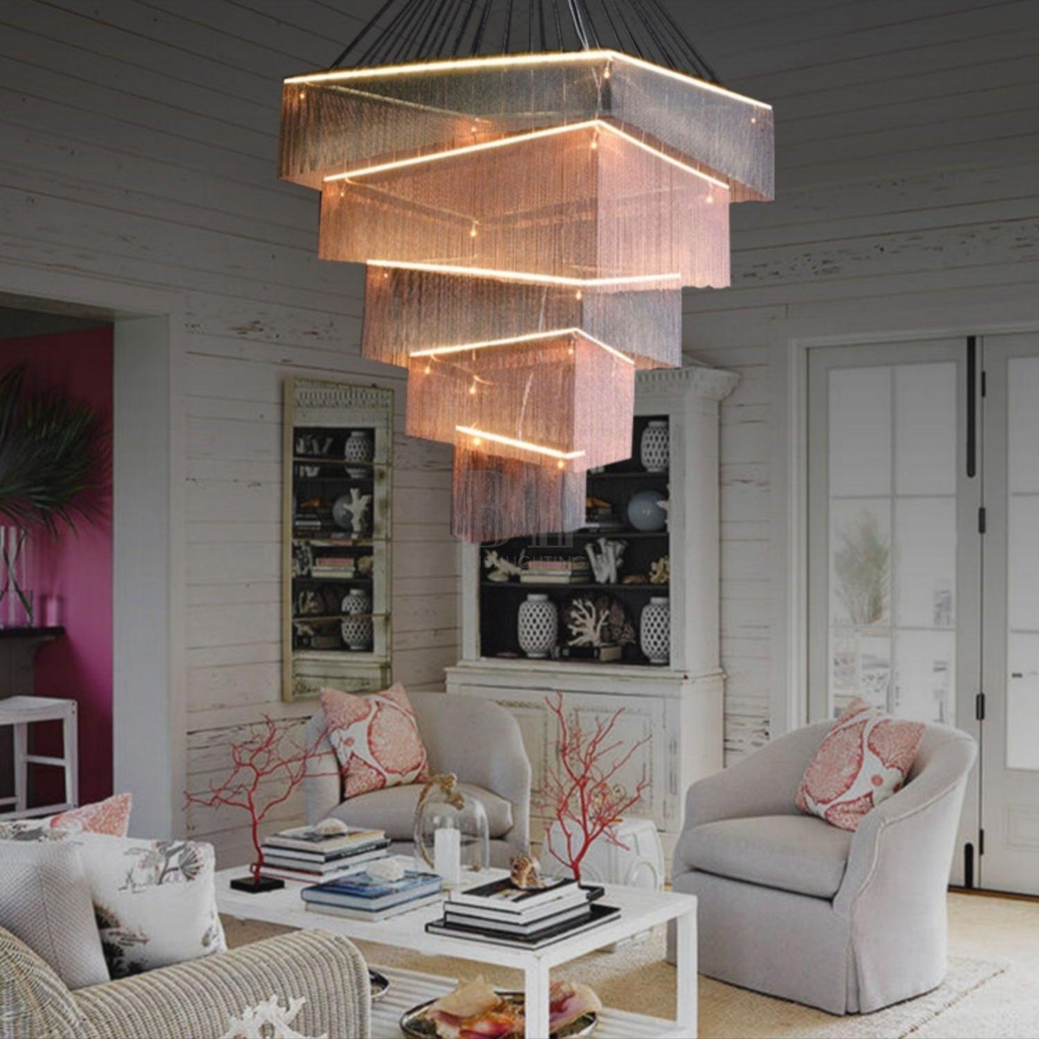 Extra Large Art Multi - tier Aluminum Chain Tassel Chandelier for High - Ceiling Room - L31.5"*W31.5"H63.0"PinkWarm LightBlushlighting