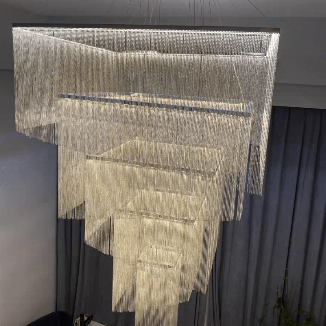 Extra Large Art Multi - tier Aluminum Chain Tassel Chandelier for High - Ceiling Room - L47.2"*W47.2"H78.7"ChromeWhite LightBlushlighting