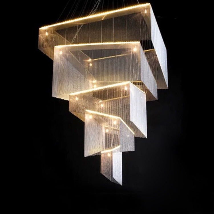 Extra Large Art Multi - tier Aluminum Chain Tassel Chandelier for High - Ceiling Room - L47.2"*W47.2"H78.7"ChromeWarm LightBlushlighting