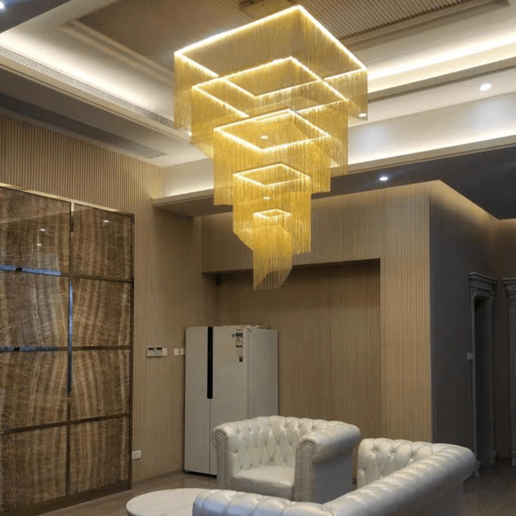 Extra Large Art Multi - tier Aluminum Chain Tassel Chandelier for High - Ceiling Room - L31.5"*W31.5"H63.0"ChromeWhite LightBlushlighting