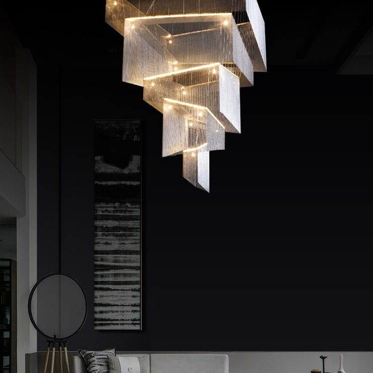 Extra Large Art Multi - tier Aluminum Chain Tassel Chandelier for High - Ceiling Room - L31.5"*W31.5"H63.0"ChromeWarm LightBlushlighting