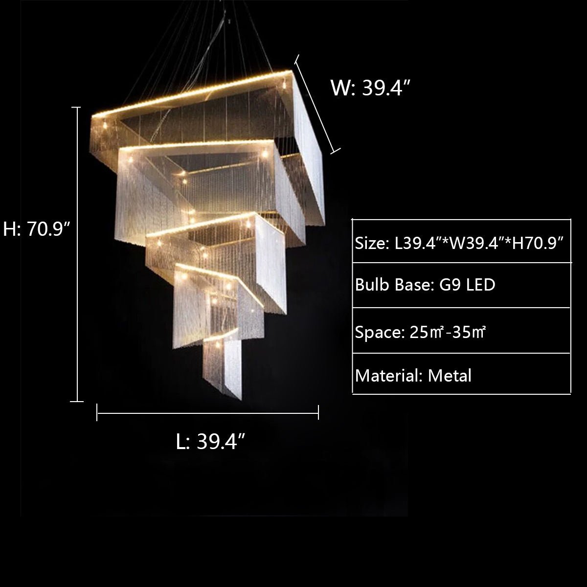 Extra Large Art Multi - tier Aluminum Chain Tassel Chandelier for High - Ceiling Room - L47.2"*W47.2"H78.7"ChromeWhite LightBlushlighting