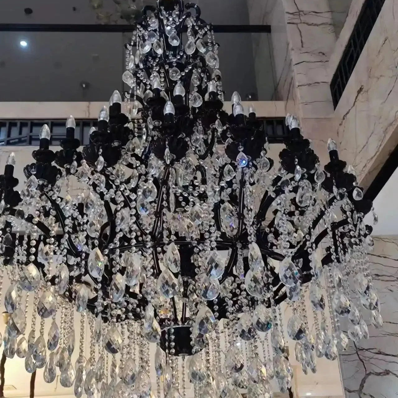Extra Large Crystal Candle Chandelier in Black Finish for Living Room/Foyer/Staircase/Hotel - 50 Lights / D59.1"*H70.86"Warm LightBlushlighting