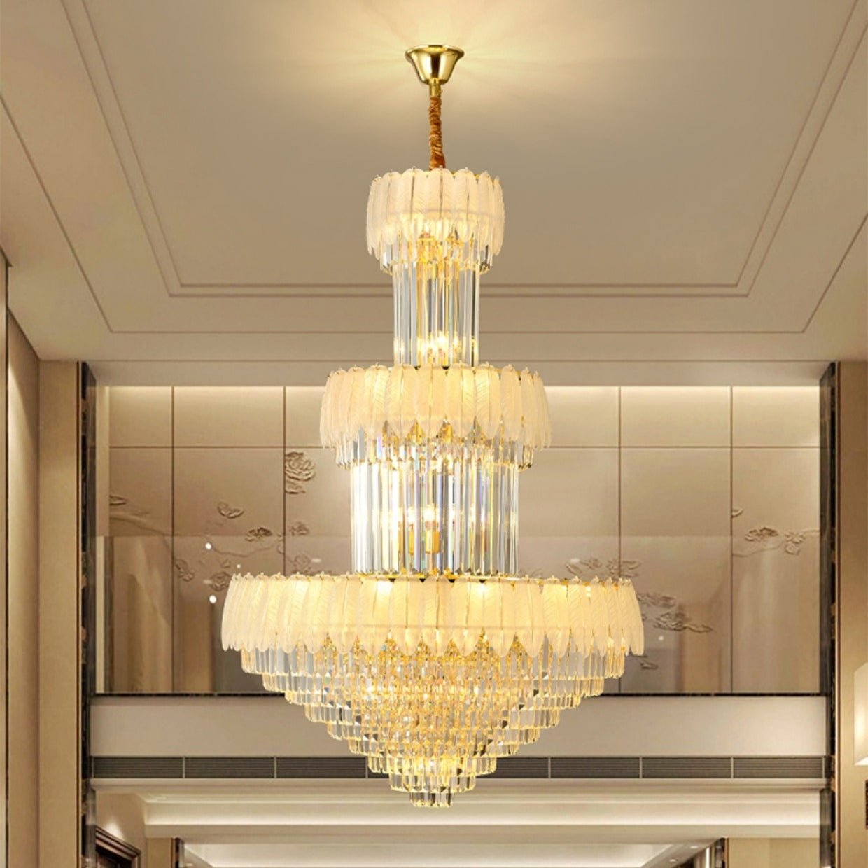Extra Large Crystal Feather Style Chandelier Long Foyer Staircase Ceiling Lighting Fixture For Living Room - D39.4"*H59.1"Blushlighting