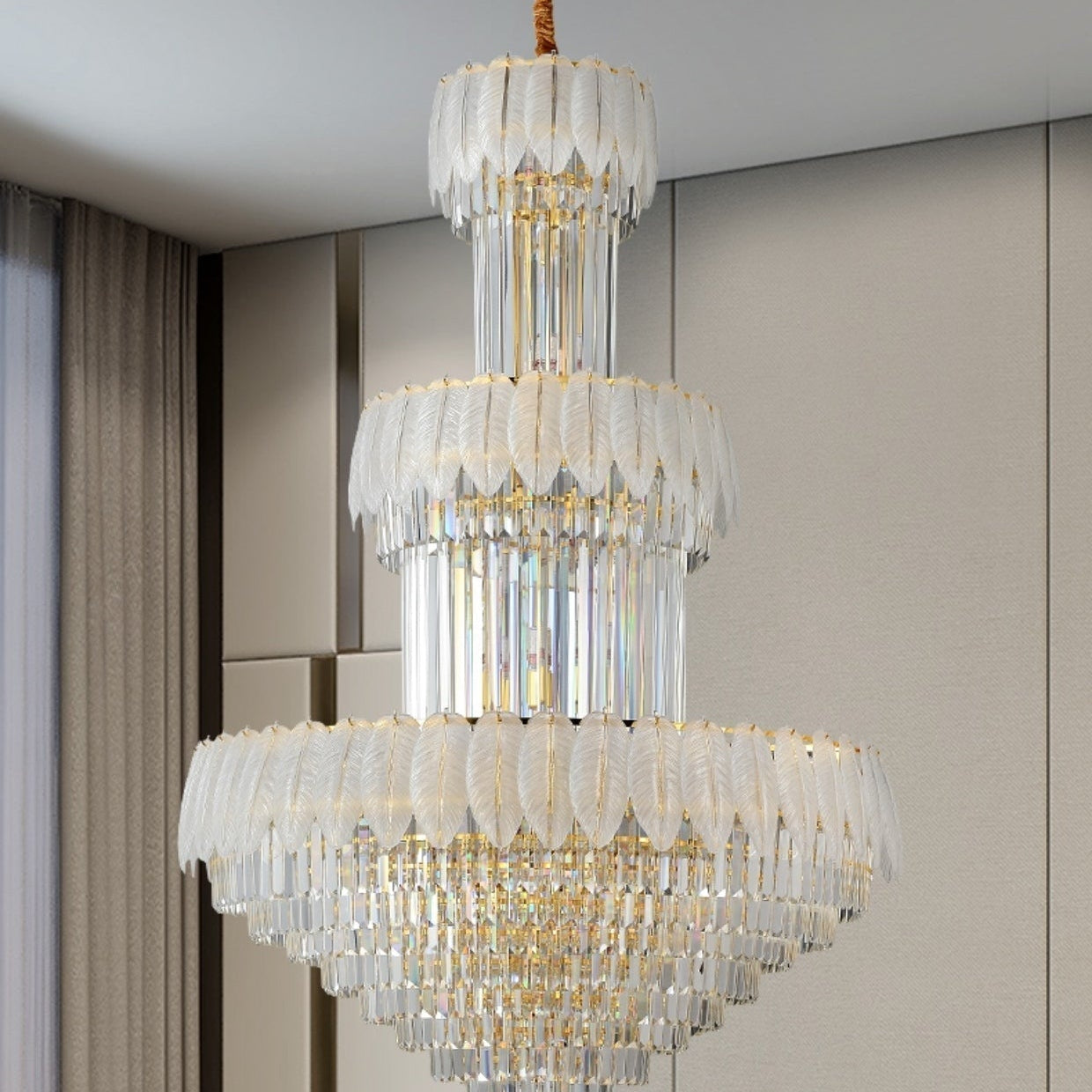 Extra Large Crystal Feather Style Chandelier Long Foyer Staircase Ceiling Lighting Fixture For Living Room - D39.4"*H59.1"Blushlighting