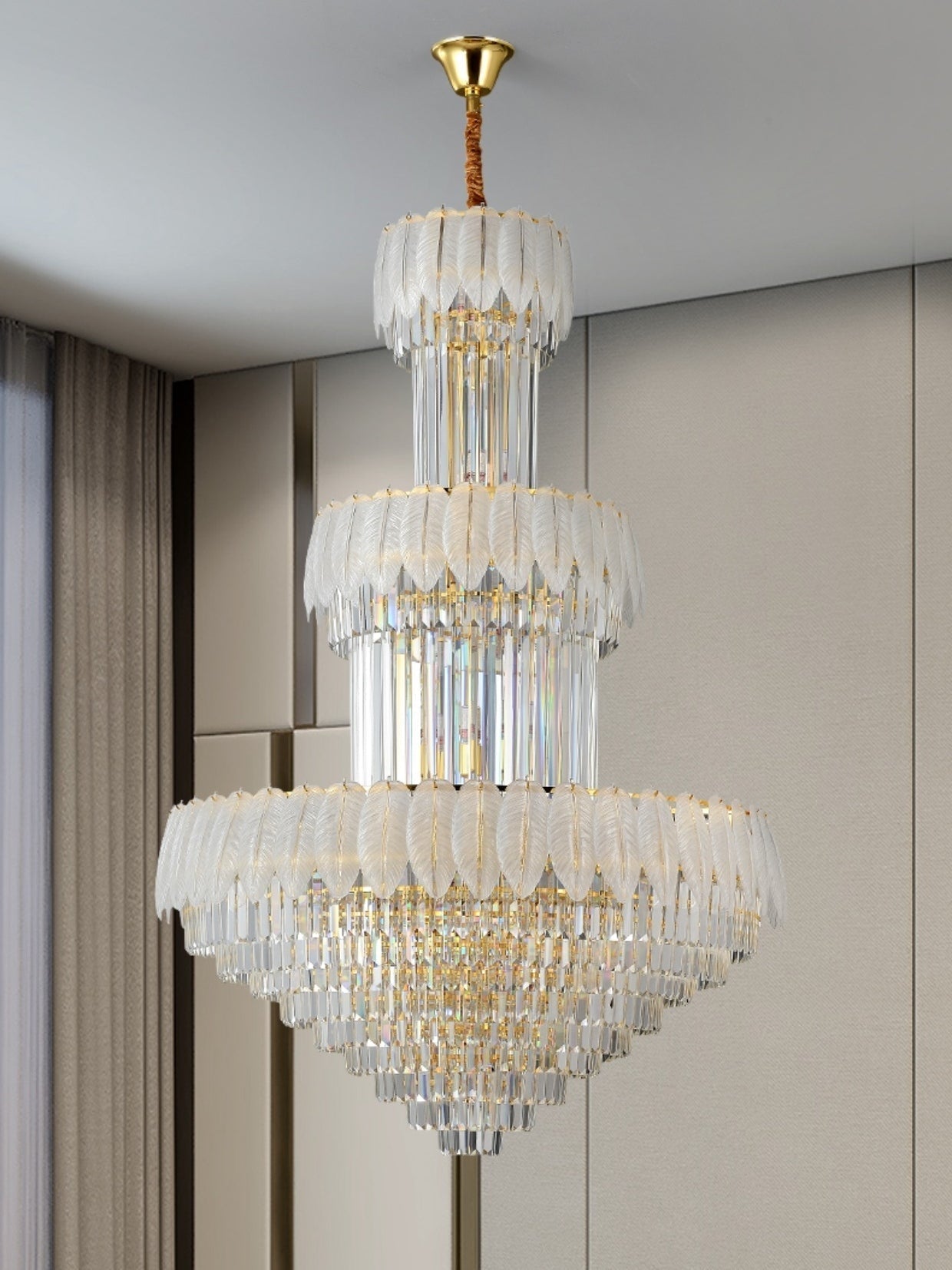 Extra Large Crystal Feather Style Chandelier Long Foyer Staircase Ceiling Lighting Fixture For Living Room - D39.4"*H59.1"Blushlighting