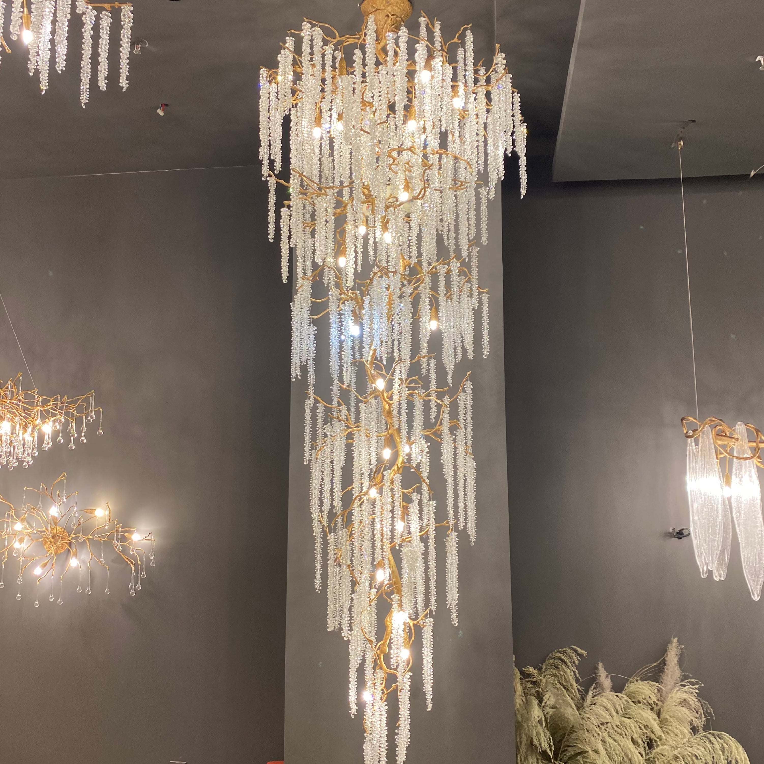 Extra Large Crystal Icicle Chandelier in Tree Branch Design for Grand Staircases and Hallways - D39''*H117''Warm LightBlushlighting