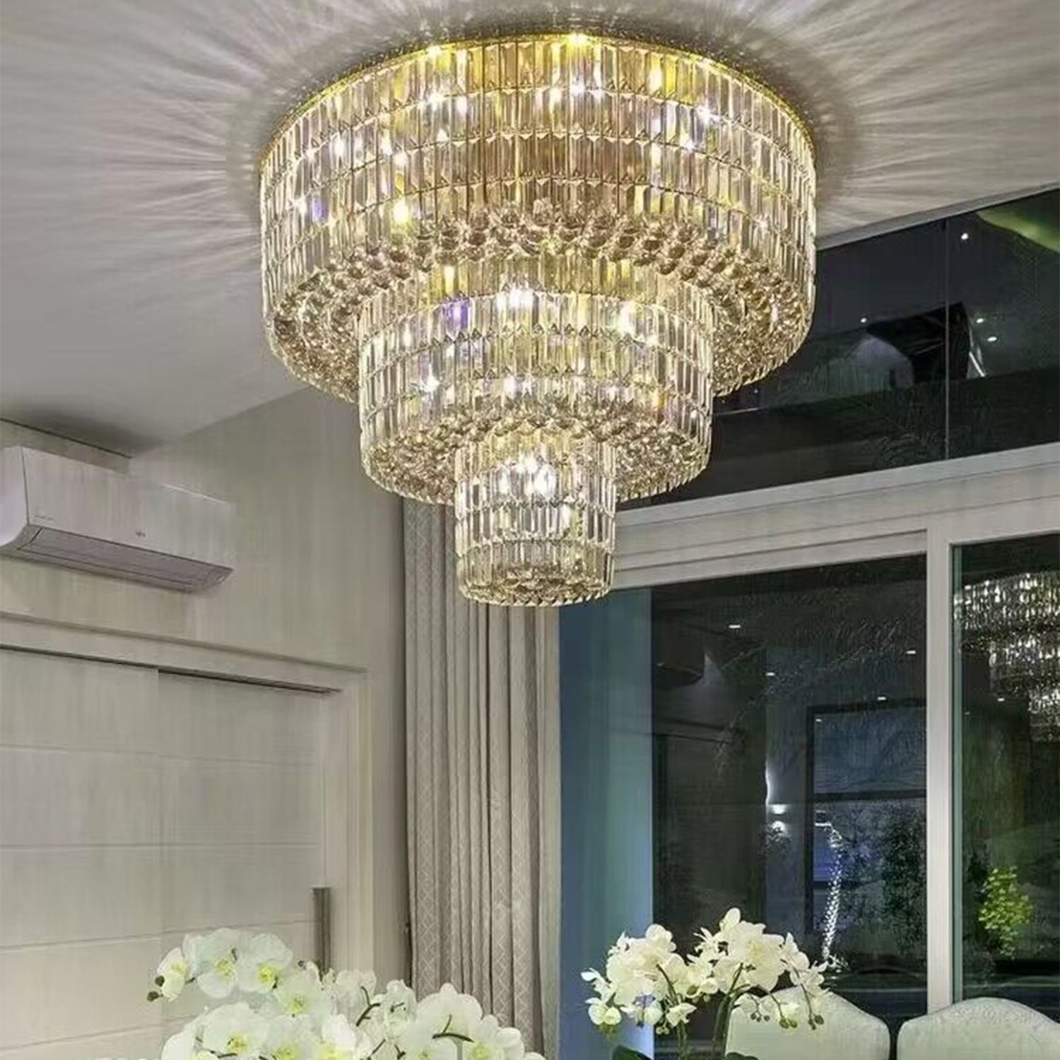 Extra Large Gold Flush Mount Crystal Light Round 3-layers Decorative Living Room/Dining Room Light Fixture-Chandeliers-Blushlighting-Blushlighting