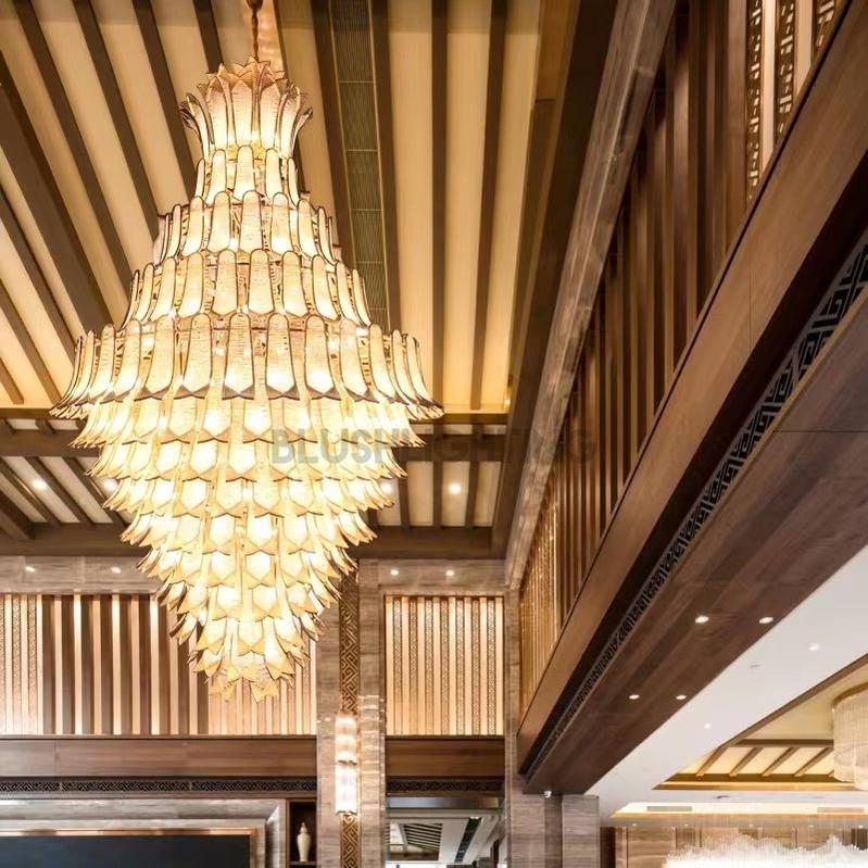 Extra Large Luxury Multi - tier Gold Pendant Glass Chandelier for Stairs/Large High - ceiling Room - D47.2"*H78.7"Warm LightBlushlighting