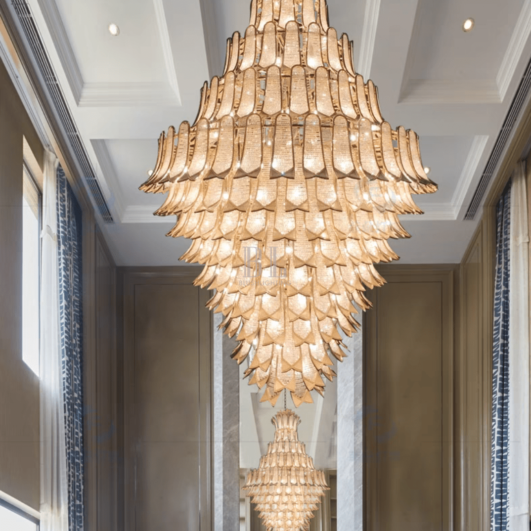 Extra Large Luxury Multi - tier Gold Pendant Glass Chandelier for Stairs/Large High - ceiling Room - D47.2"*H78.7"Warm LightBlushlighting