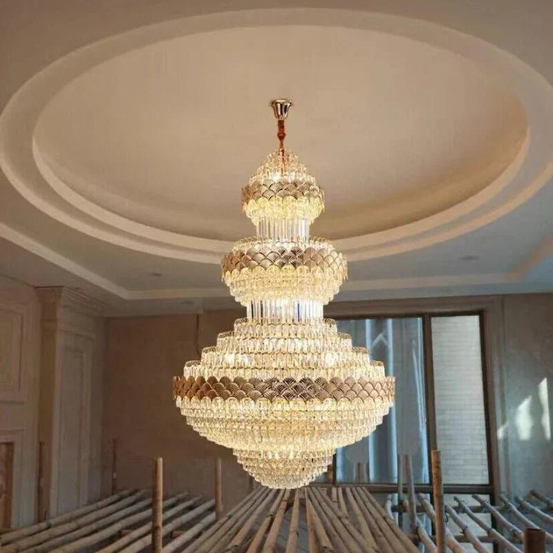 Extra Large Multi - layers Gold Luxury Crystal Chandelier Modern Empire Decrative Crystal Light For Living Room/Foyer/Staircase - D31.5"*H47.2"Warm LightBlushlighting