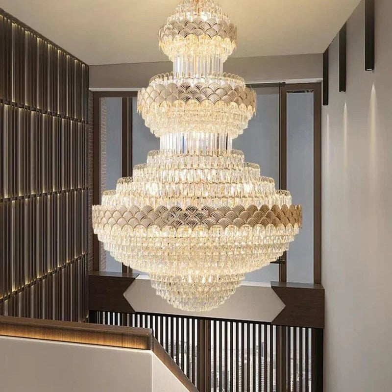 Extra Large Multi - layers Gold Luxury Crystal Chandelier Modern Empire Decrative Crystal Light For Living Room/Foyer/Staircase - D31.5"*H47.2"Warm LightBlushlighting