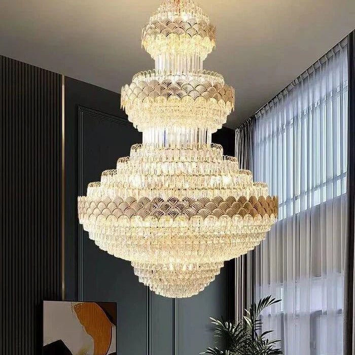 Extra Large Multi - layers Gold Luxury Crystal Chandelier Modern Empire Decrative Crystal Light For Living Room/Foyer/Staircase - D31.5"*H47.2"Warm LightBlushlighting