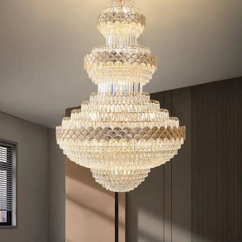 Extra Large Multi - layers Gold Luxury Crystal Chandelier Modern Empire Decrative Crystal Light For Living Room/Foyer/Staircase - D31.5"*H47.2"Warm LightBlushlighting