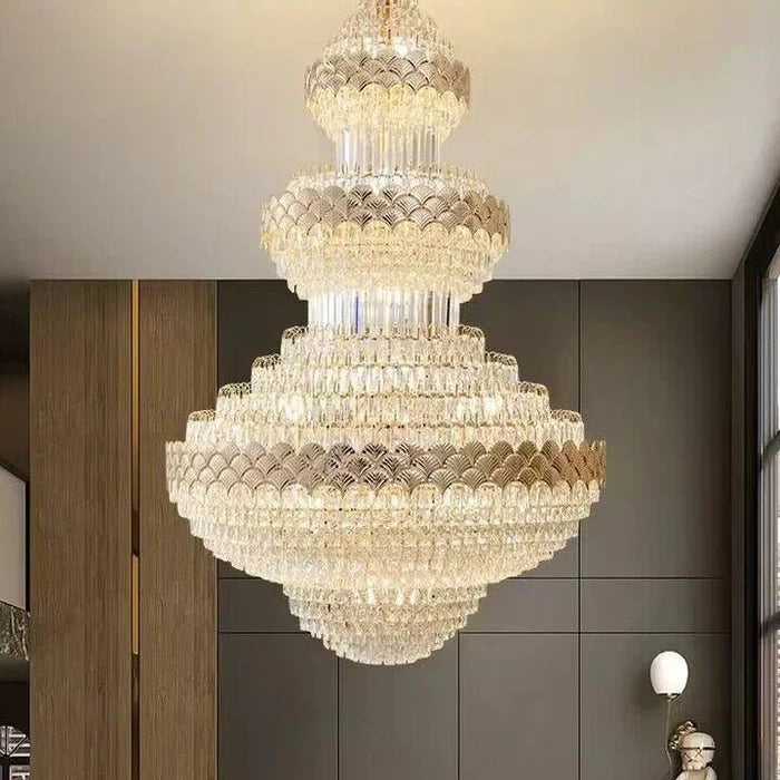 Extra Large Multi - layers Gold Luxury Crystal Chandelier Modern Empire Decrative Crystal Light For Living Room/Foyer/Staircase - D31.5"*H47.2"Warm LightBlushlighting