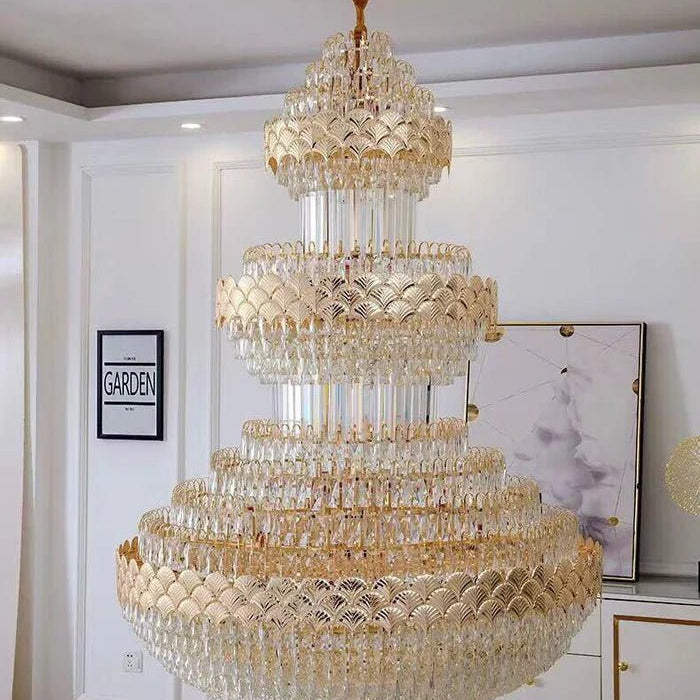 Extra Large Multi - layers Gold Luxury Crystal Chandelier Modern Empire Decrative Crystal Light For Living Room/Foyer/Staircase - D31.5"*H47.2"Warm LightBlushlighting