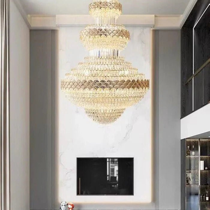 Extra Large Multi - layers Gold Luxury Crystal Chandelier Modern Empire Decrative Crystal Light For Living Room/Foyer/Staircase - D31.5"*H47.2"Warm LightBlushlighting