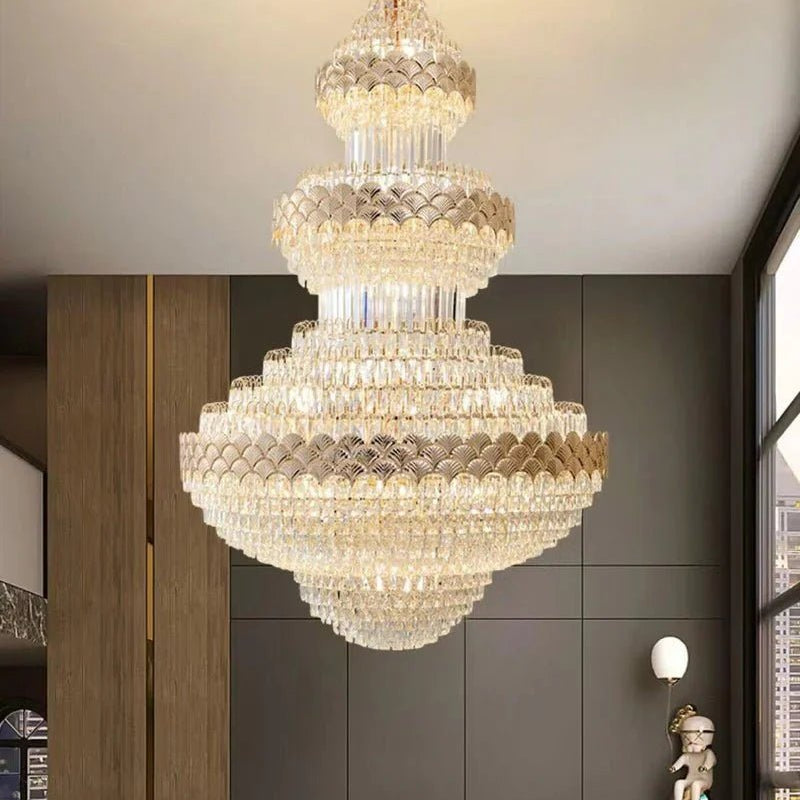 Extra Large Multi - layers Gold Luxury Crystal Chandelier Modern Empire Decrative Crystal Light For Living Room/Foyer/Staircase - D31.5"*H47.2"Warm LightBlushlighting