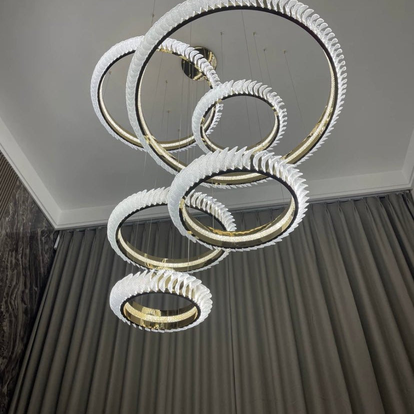 Extra Large Multi - layers Rings Crystal Chandelier Modern Art Waves Creative Pendant Light For High - ciling Foyer/Hallway/Staircase - 4 Layers:D39.4"GoldWarm LightBlushlighting