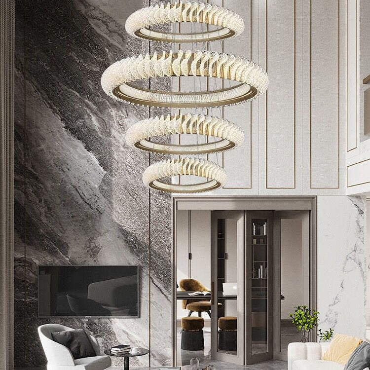 Extra Large Multi - layers Rings Crystal Chandelier Modern Art Waves Creative Pendant Light For High - ciling Foyer/Hallway/Staircase - 4 Layers:D39.4"GoldWarm LightBlushlighting