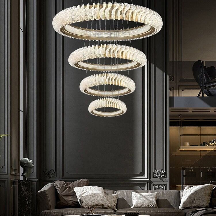 Extra Large Multi - layers Rings Crystal Chandelier Modern Art Waves Creative Pendant Light For High - ciling Foyer/Hallway/Staircase - 4 Layers:D39.4"GoldWarm LightBlushlighting