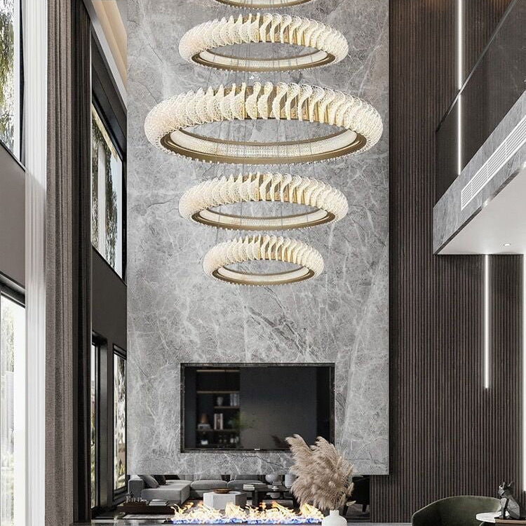 Extra Large Multi - layers Rings Crystal Chandelier Modern Art Waves Creative Pendant Light For High - ciling Foyer/Hallway/Staircase - 4 Layers:D39.4"GoldWarm LightBlushlighting