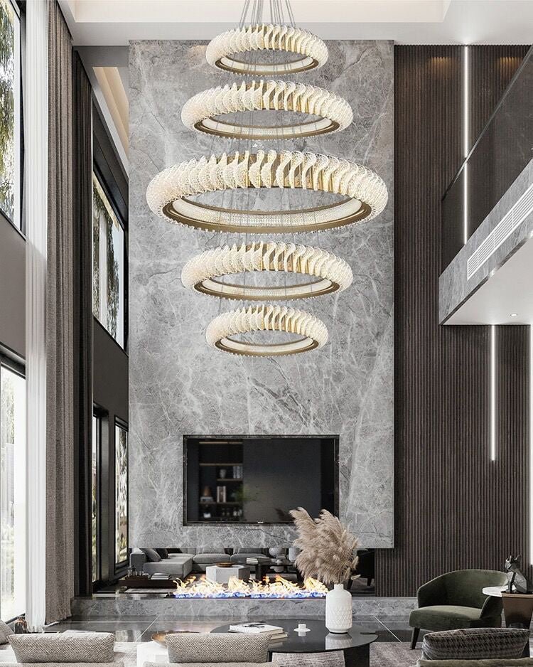 Extra Large Multi - layers Rings Crystal Chandelier Modern Art Waves Creative Pendant Light For High - ciling Foyer/Hallway/Staircase - 4 Layers:D39.4"GoldWarm LightBlushlighting