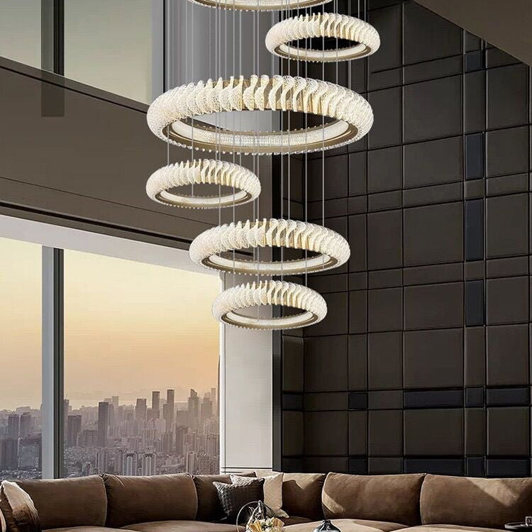 Extra Large Multi - layers Rings Crystal Chandelier Modern Art Waves Creative Pendant Light For High - ciling Foyer/Hallway/Staircase - 4 Layers:D39.4"GoldWarm LightBlushlighting