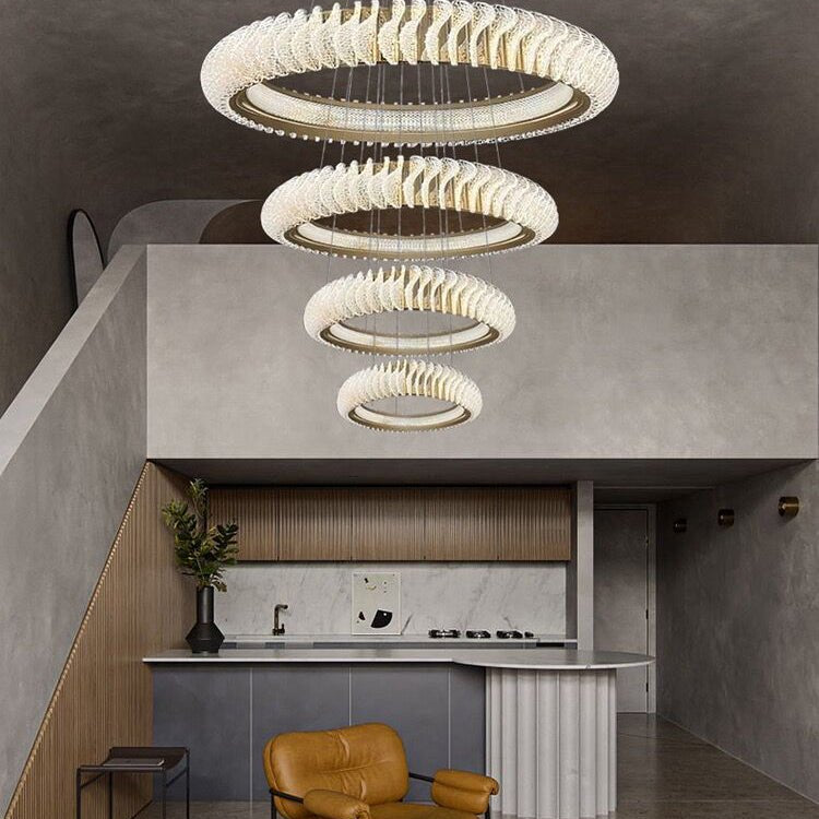 Extra Large Multi - layers Rings Crystal Chandelier Modern Art Waves Creative Pendant Light For High - ciling Foyer/Hallway/Staircase - 4 Layers:D39.4"GoldWarm LightBlushlighting
