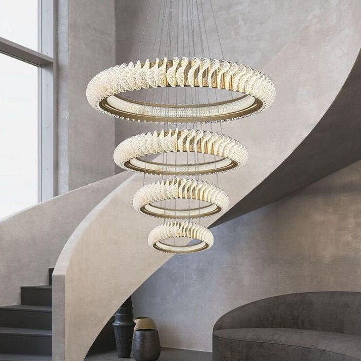 Extra Large Multi - layers Rings Crystal Chandelier Modern Art Waves Creative Pendant Light For High - ciling Foyer/Hallway/Staircase - 4 Layers:D39.4"GoldWarm LightBlushlighting