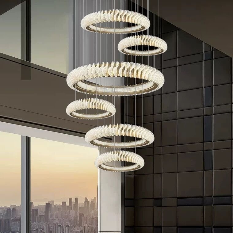 Extra Large Multi - layers Rings Crystal Chandelier Modern Art Waves Creative Pendant Light For High - ciling Foyer/Hallway/Staircase - 4 Layers:D39.4"GoldWarm LightBlushlighting