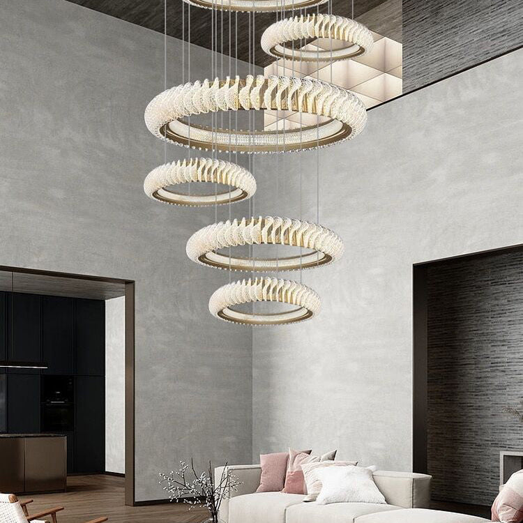 Extra Large Multi - layers Rings Crystal Chandelier Modern Art Waves Creative Pendant Light For High - ciling Foyer/Hallway/Staircase - 4 Layers:D39.4"GoldWarm LightBlushlighting