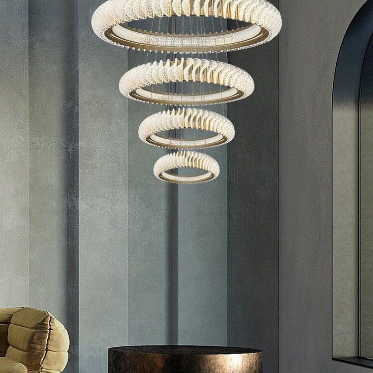 Extra Large Multi - layers Rings Crystal Chandelier Modern Art Waves Creative Pendant Light For High - ciling Foyer/Hallway/Staircase - 4 Layers:D39.4"GoldWarm LightBlushlighting