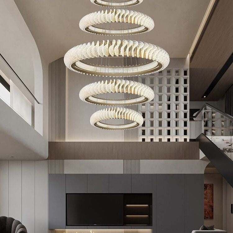 Extra Large Multi - layers Rings Crystal Chandelier Modern Art Waves Creative Pendant Light For High - ciling Foyer/Hallway/Staircase - 4 Layers:D39.4"GoldWarm LightBlushlighting