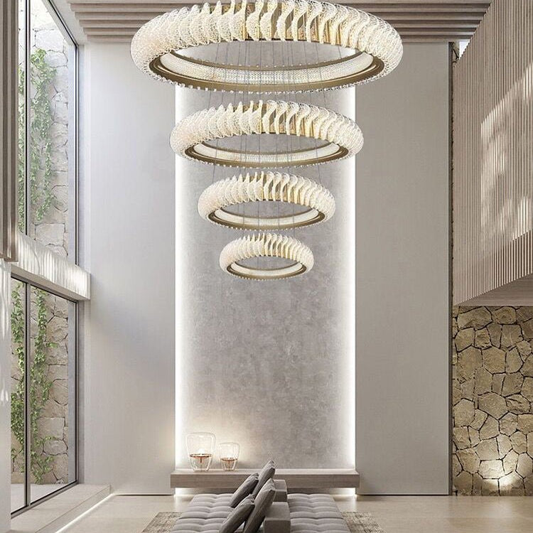 Extra Large Multi - layers Rings Crystal Chandelier Modern Art Waves Creative Pendant Light For High - ciling Foyer/Hallway/Staircase - 4 Layers:D39.4"GoldWarm LightBlushlighting