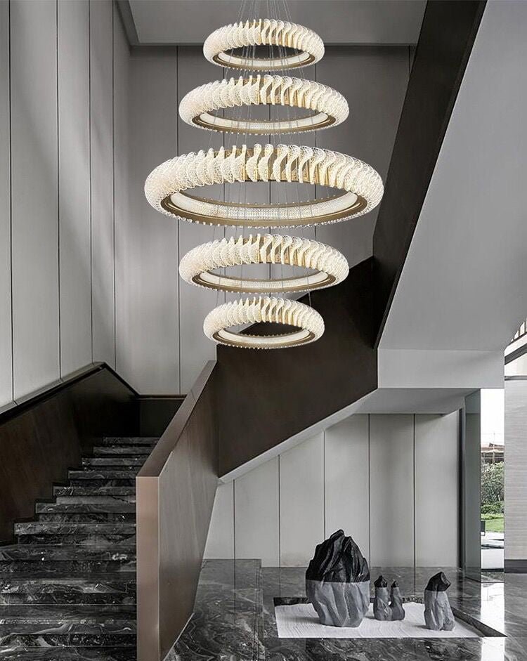 Extra Large Multi - layers Rings Crystal Chandelier Modern Art Waves Creative Pendant Light For High - ciling Foyer/Hallway/Staircase - 4 Layers:D39.4"GoldWarm LightBlushlighting