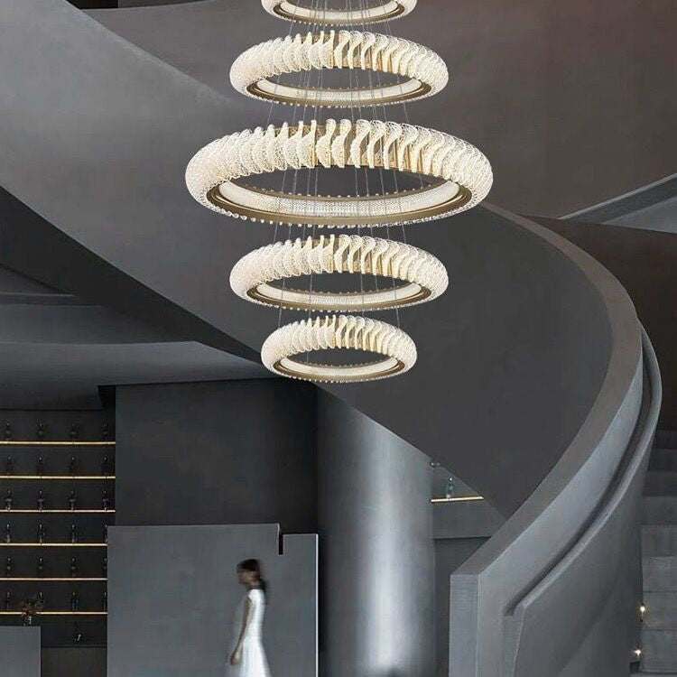 Extra Large Multi - layers Rings Crystal Chandelier Modern Art Waves Creative Pendant Light For High - ciling Foyer/Hallway/Staircase - 4 Layers:D39.4"GoldWarm LightBlushlighting