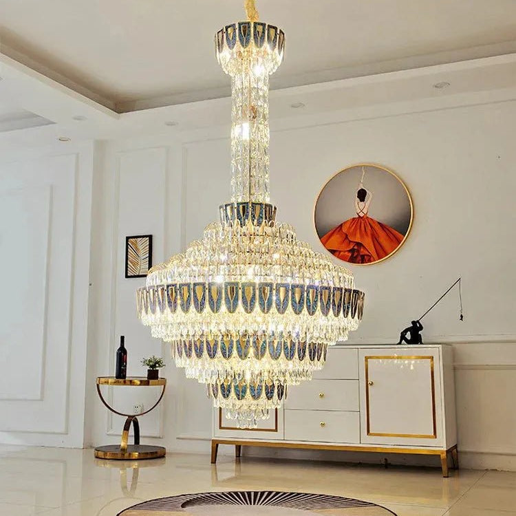 Extra Large Multi - tiered Empire Conical Funnel Crystal Chandelier for Big Hallway/Foyer/Staircase - D31.5"*H55.1"Smoky GrayWarm LightBlushlighting