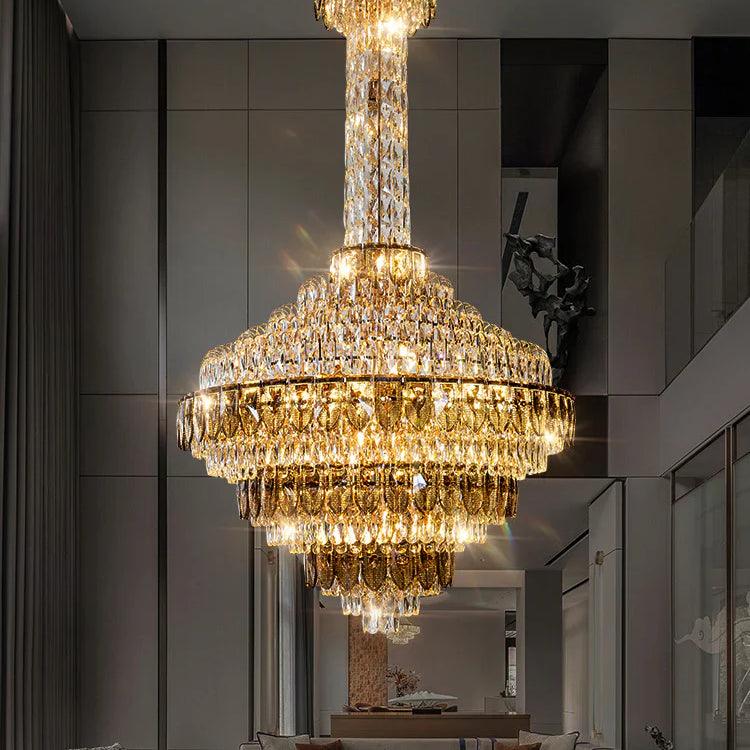 Crystal chandelier installed in a duplex loft staircase