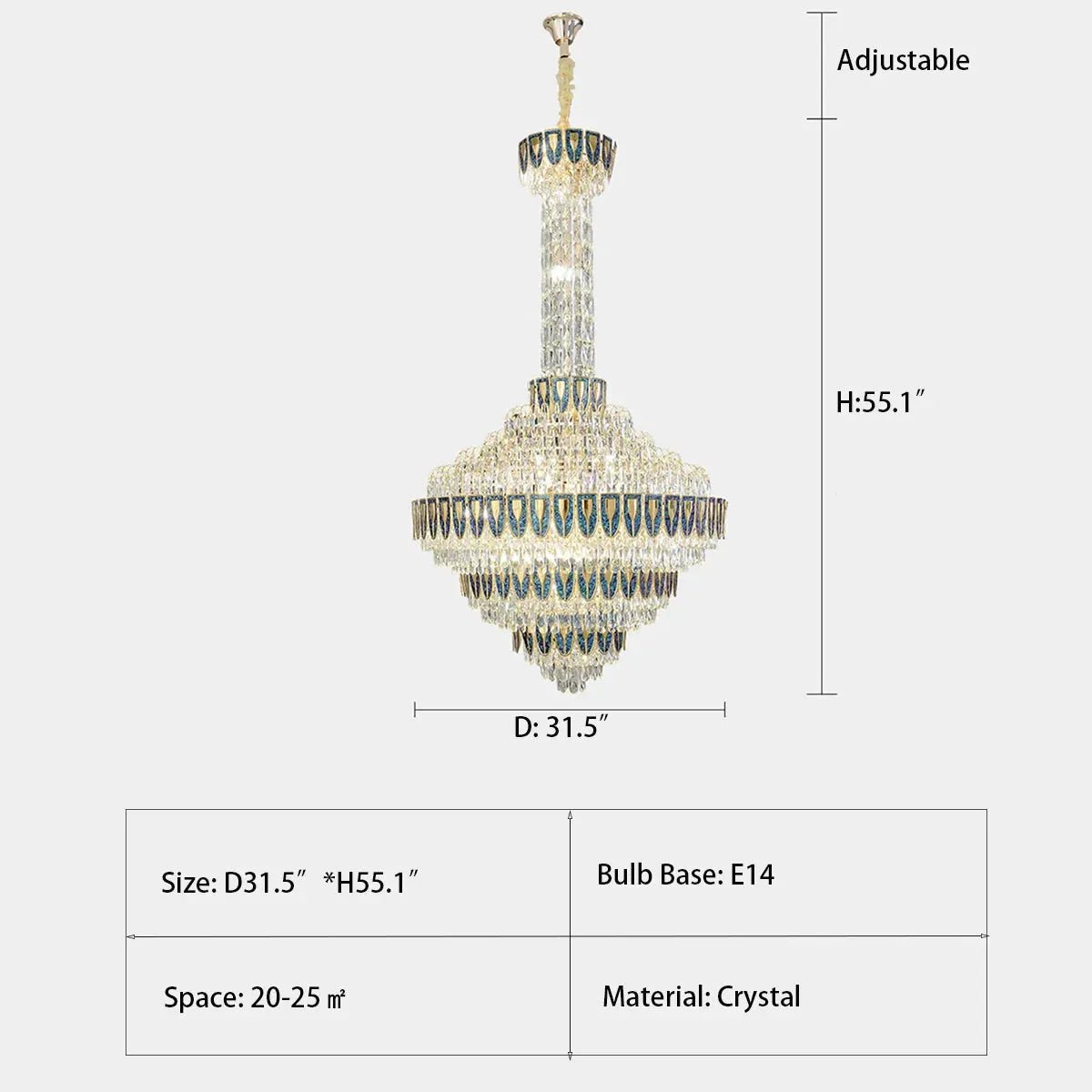 Extra Large Multi - tiered Empire Conical Funnel Crystal Chandelier for Big Hallway/Foyer/Staircase - D31.5"*H55.1"Smoky GrayWarm LightBlushlighting