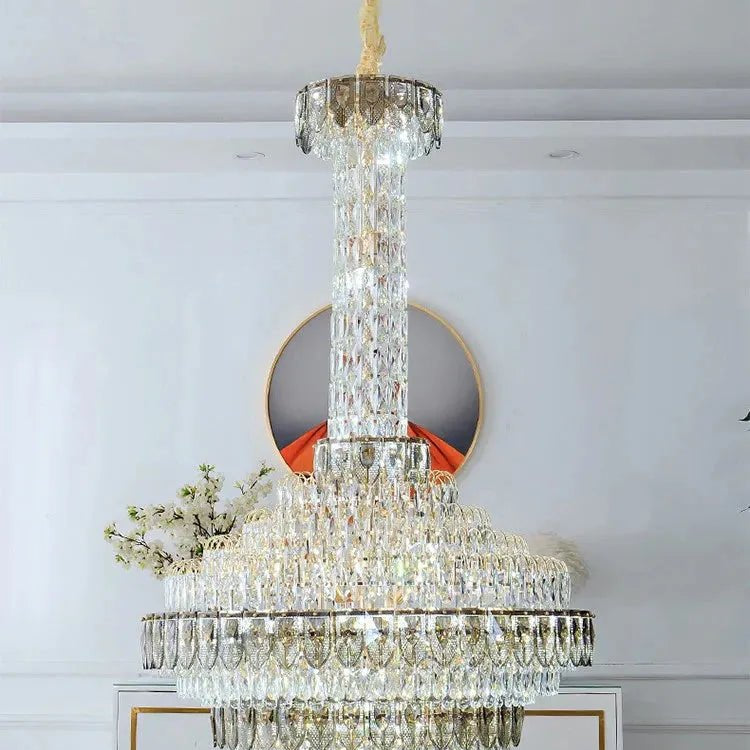 Extra Large Multi - tiered Empire Conical Funnel Crystal Chandelier for Big Hallway/Foyer/Staircase - D31.5"*H55.1"Smoky GrayWarm LightBlushlighting