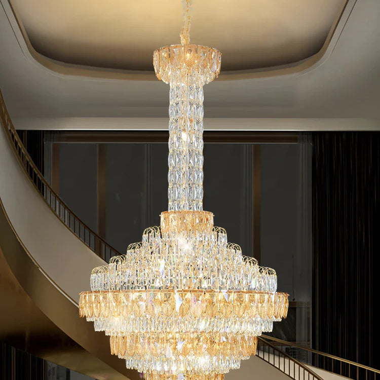Crystal chandelier lighting up a modern high-ceiling villa