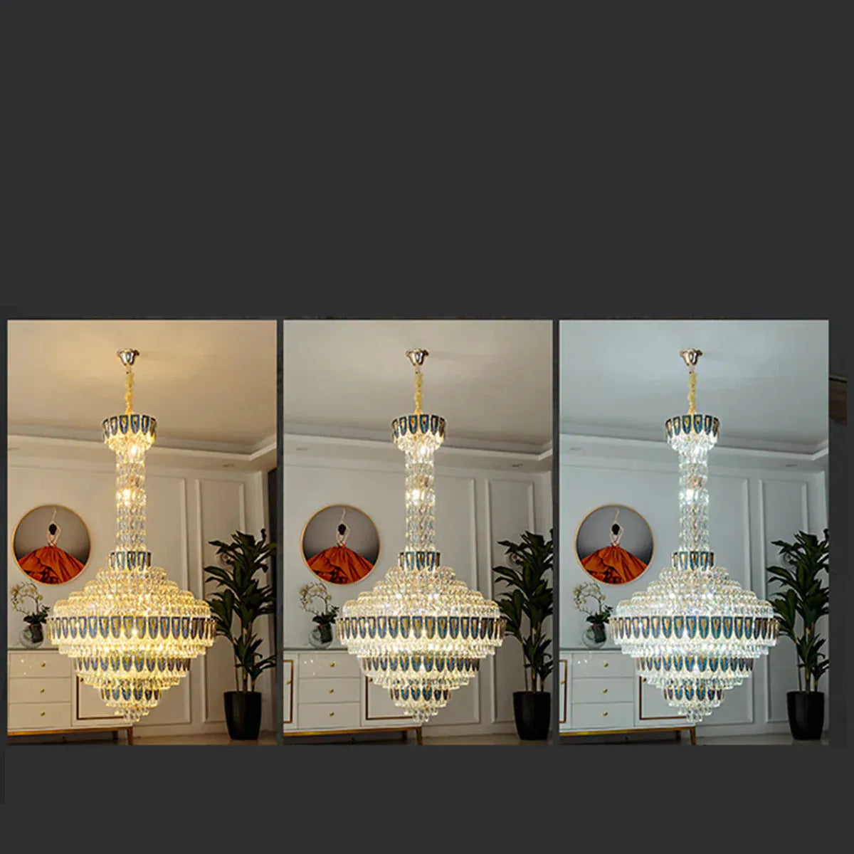 Multi-tier crystal chandelier lighting a modern villa entrance