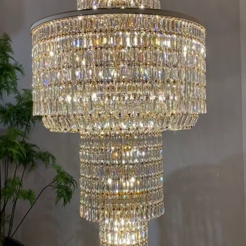 Extra Large Muti - tiered Round Crystal Chandelier with White Leather for High - ceiling - D39.4"*H104.7" (D100cm*H266cm)/95kgWarm LightBlushlighting