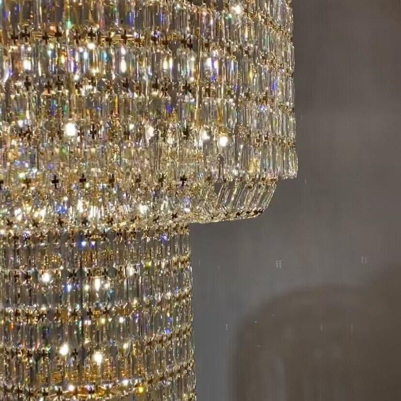 Extra Large Muti - tiered Round Crystal Chandelier with White Leather for High - ceiling - D39.4"*H104.7" (D100cm*H266cm)/95kgWarm LightBlushlighting