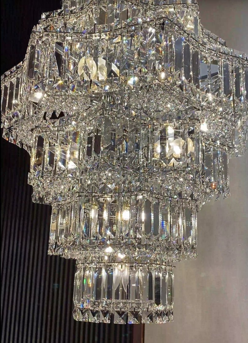 Extra Large Plaza Hall Multi - Tier Crystal Chandelier Foyer Living Room Staircase Ceiling Lighting Fixture In Chrome/ Silver Finish - Small/21 Lights/6 Layers/D22.7" * H27.8‘’ChromeWarm LightBlushlighting