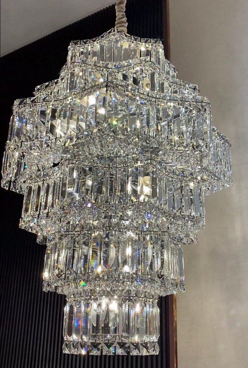 Extra Large Plaza Hall Multi - Tier Crystal Chandelier Foyer Living Room Staircase Ceiling Lighting Fixture In Chrome/ Silver Finish - Small/21 Lights/6 Layers/D22.7" * H27.8‘’ChromeWarm LightBlushlighting